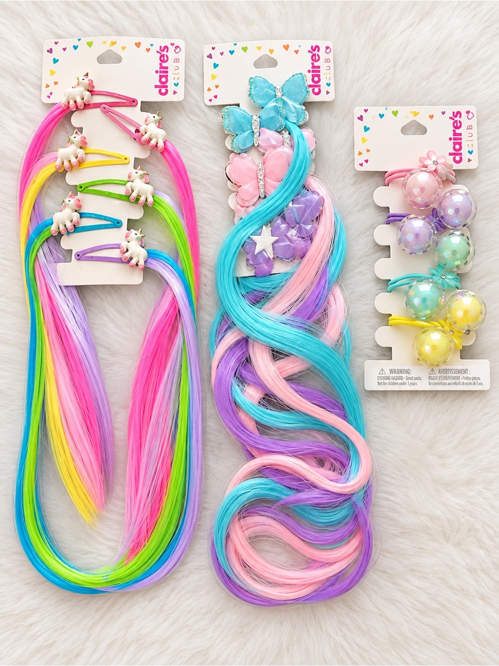 Claire's Hair Accessories Bundle - Unicorn Extensions, Butterflies, & Pom Poms